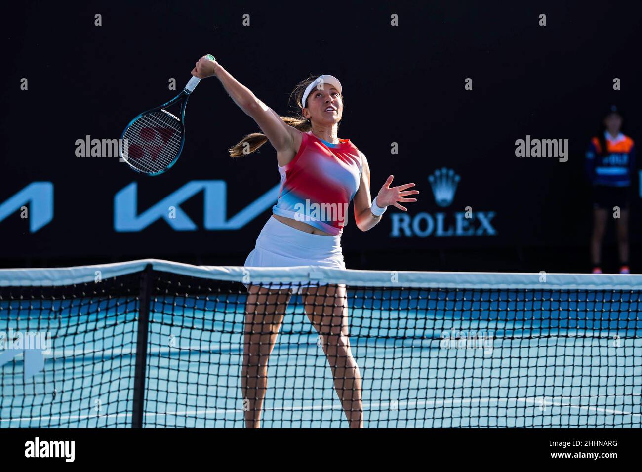 American Jessica Pegula in action during the Australian Open 2022 Round 1 match of the Grand Slam against Ukrainian Anhelina Kalinina at Court No.5 in Melbourne Olympic Park