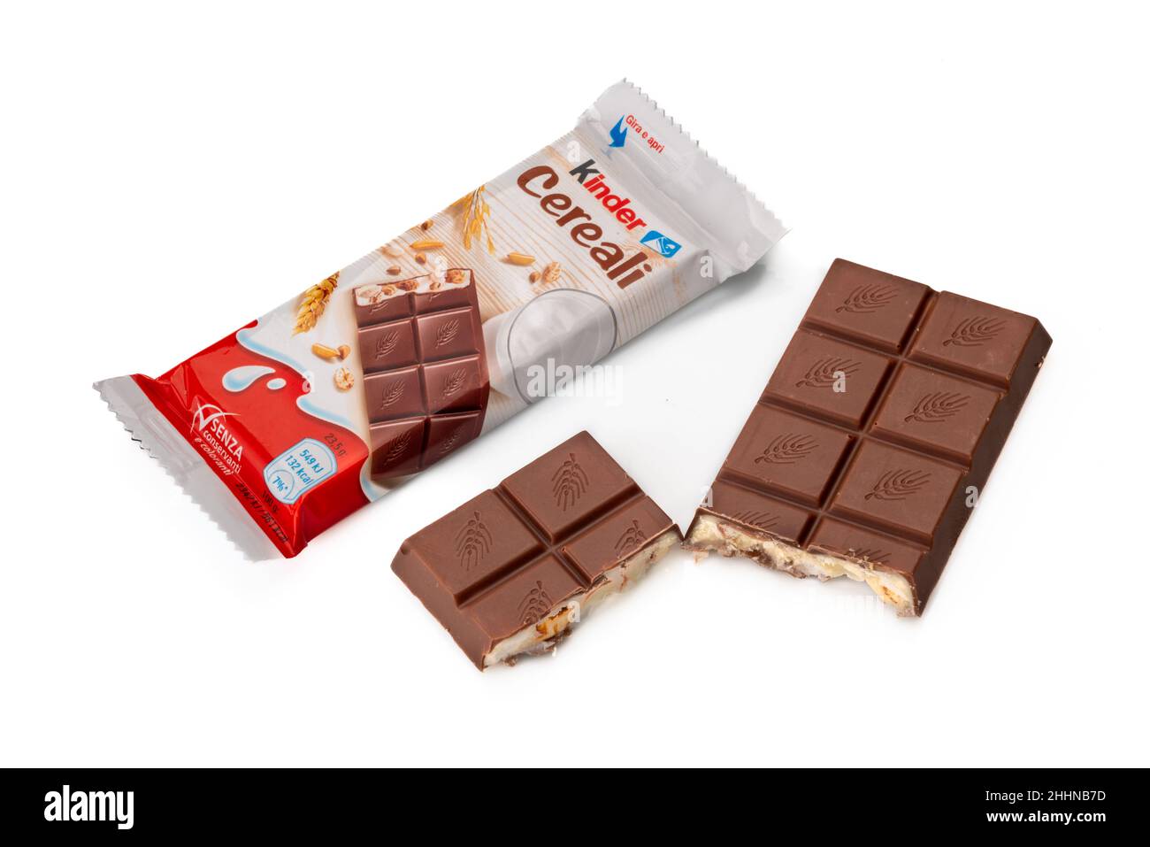 Alba, Italy - December 28, 2021: package of Kinder Cereali Ferrero with bar of milk chocolate stuffed with milk and puffed cereals isolated on white p Stock Photo