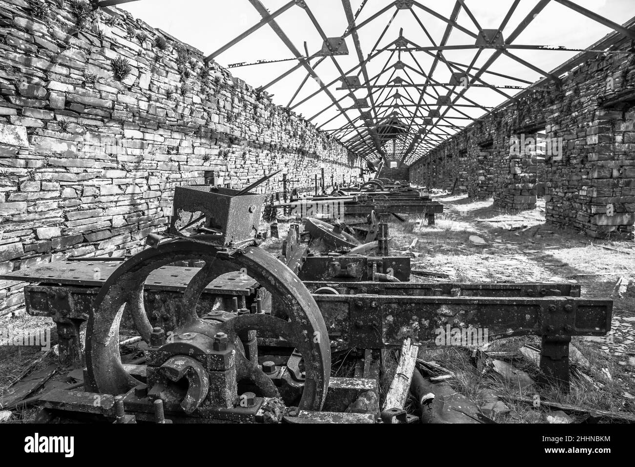 Disused slate quarry mill saw beds. Slate cutting beds, mill house