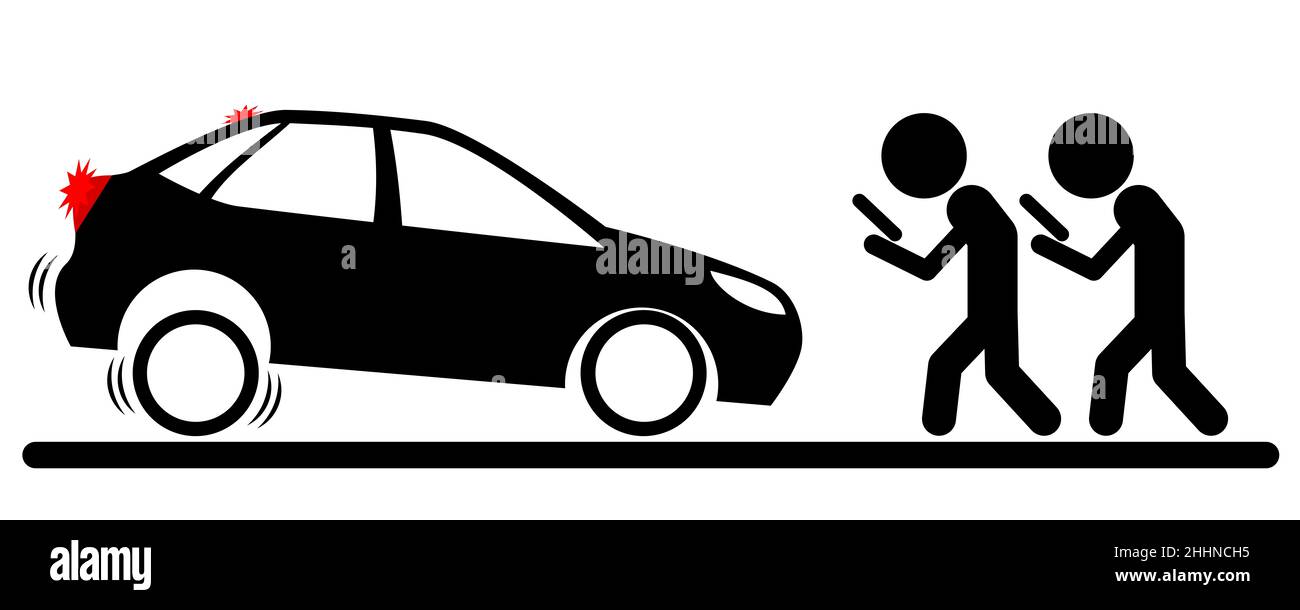 Illustration of a desperately braking car in front of two men walking and staring at screen as smartphone zombies Stock Photo