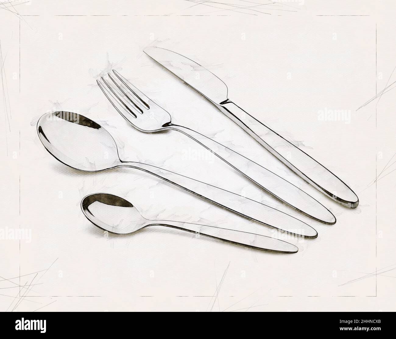 Illustration Sketch of a Silverware Set with Fork, Knife, and Spoons