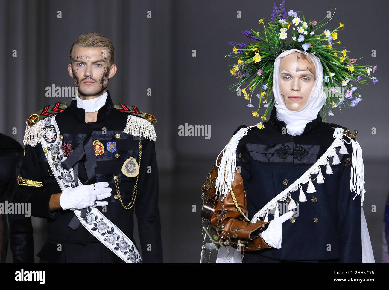 KYIV, UKRAINE - SEPTEMBER 4, 2021: Models present a creation by designer YADVIGA NETYKSHA during Ukrainian Fashion Week NoSeason Sept 2021 at Mystetskyi Arsenal in Kyiv, Ukraine Stock Photo