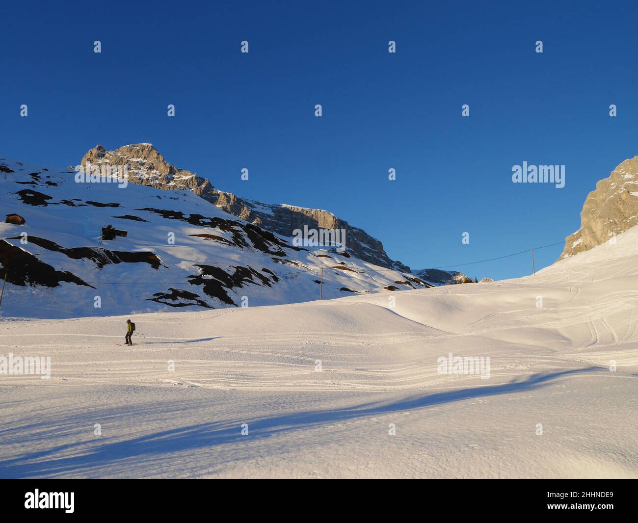 Freerider in wonderful winter landscape in Partnun. Praettigau, Graubuenden, Switzerland. Stock Photo