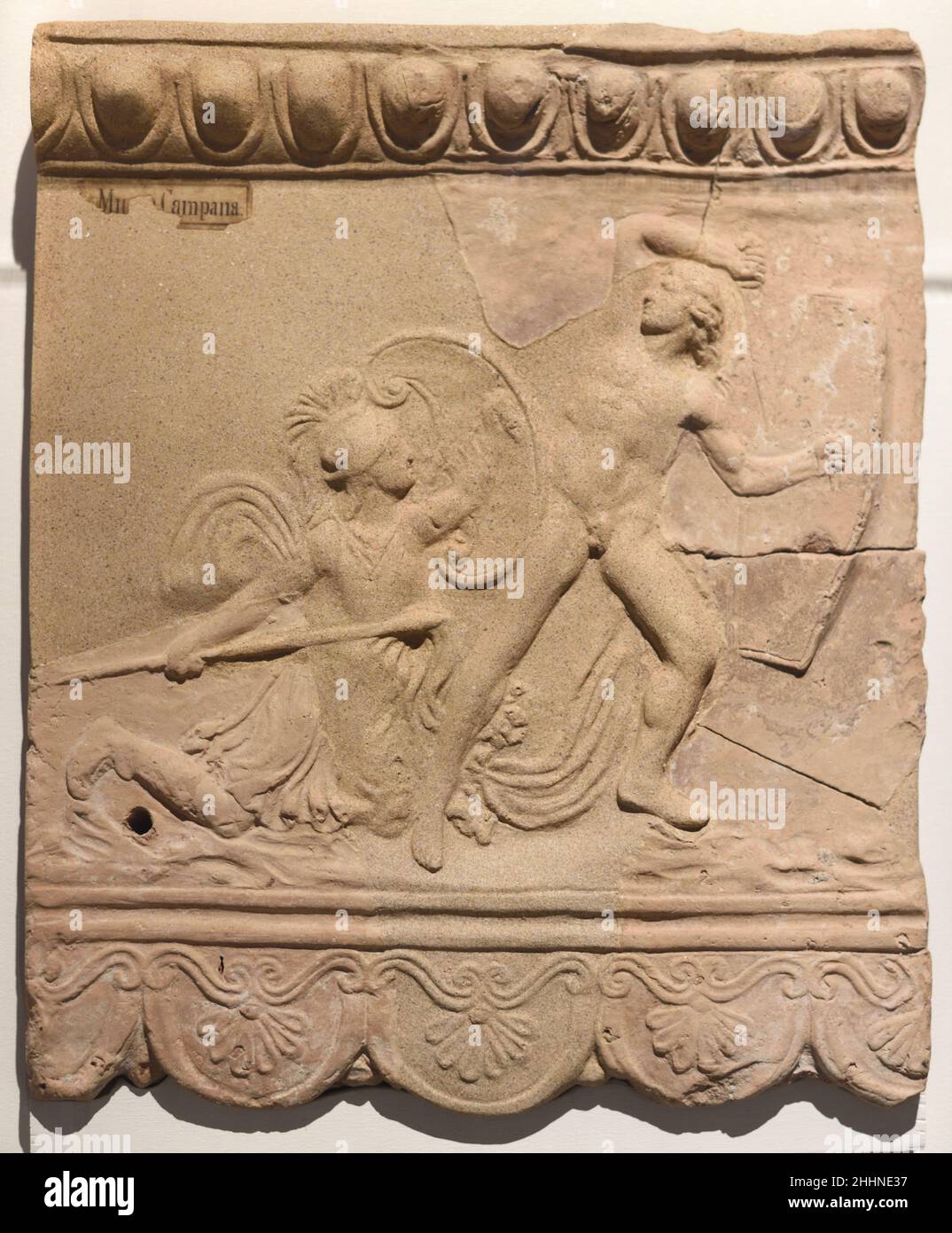 Roman Clay Plaque from c1st Showing the Battle Between Theseus, King of Athens, and Antiope, Queen of the Amazons, during the Attic War ancient Greece Stock Photo