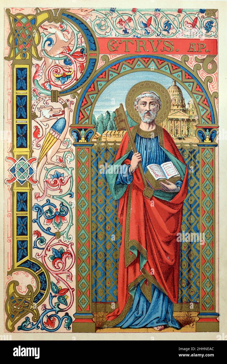 Saint Peter the Apostle (d.AD64-68) First Bishop or Pope of Rome Holding Key & Bible. Chromolithograph from 1887 Ed. of Butler's Lives of the Saints. Stock Photo