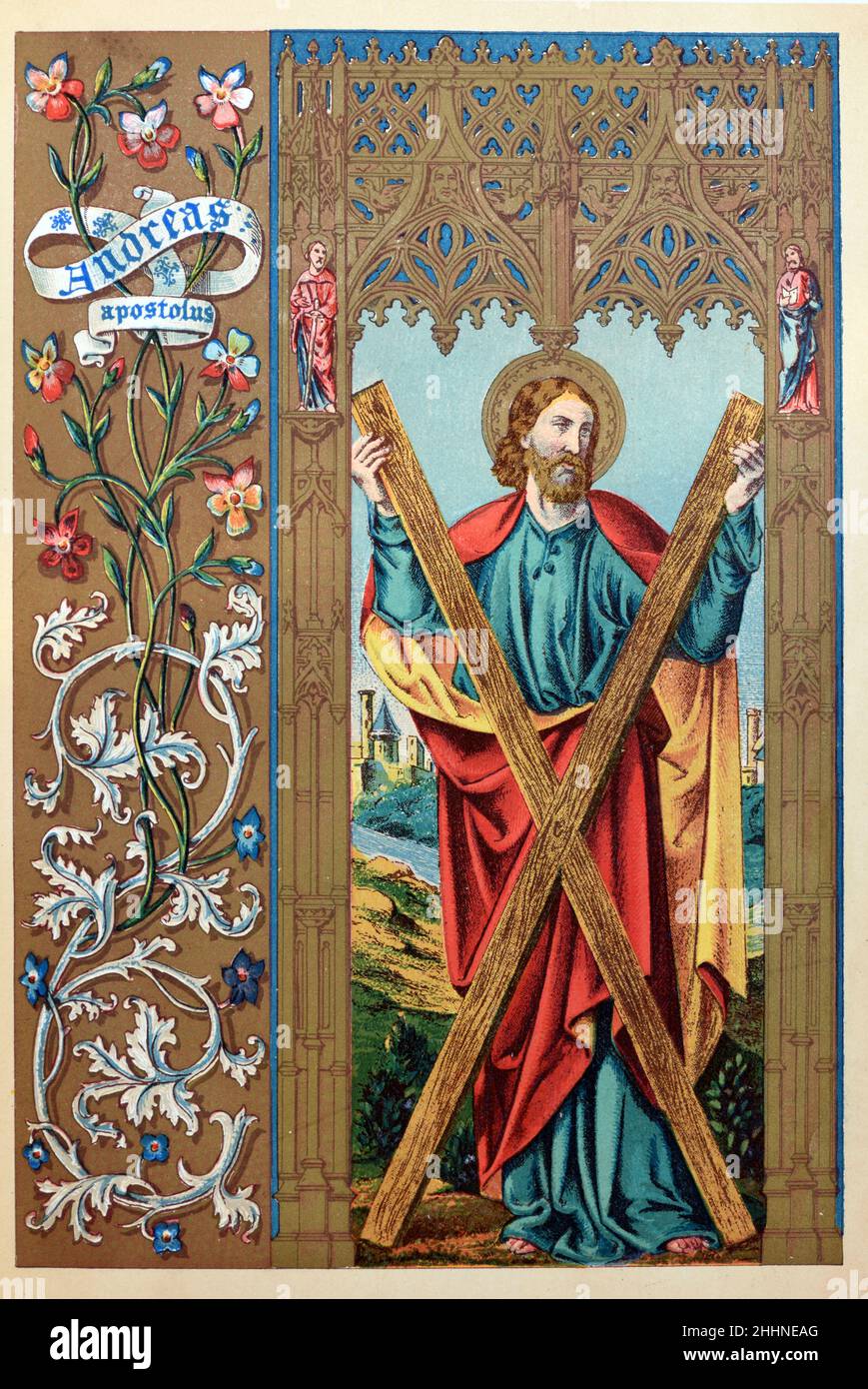 Saint Andrew the Apostle (AD5/10-60/70) with Planks Representing a Crucifix. Chromolithograph from 1887 Edition of Butler's Lives of the Saints. Stock Photo