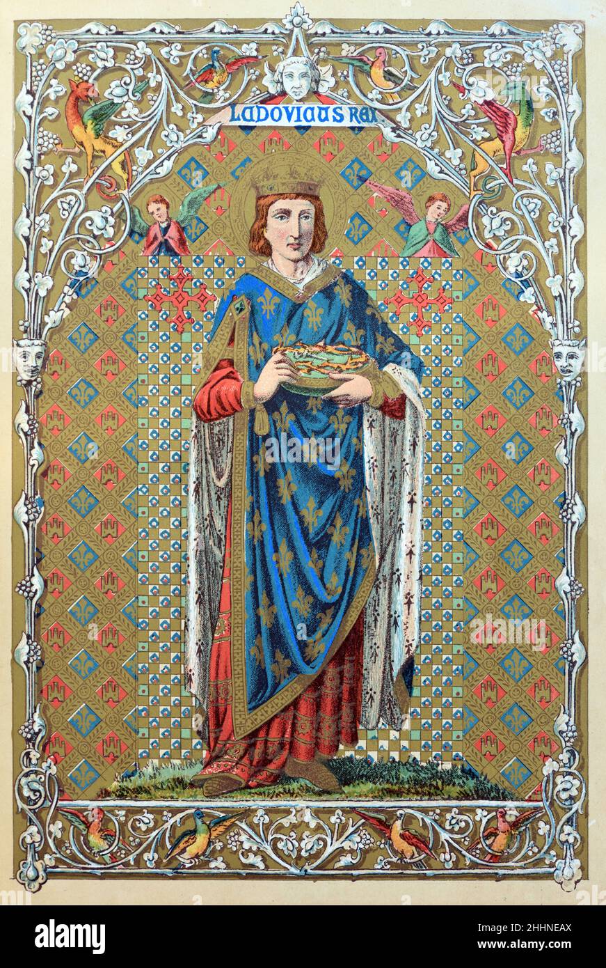 Full Length Portrait of Saint Louis or King Louis IX of France (1214-1270). Chromolithograph from 1887 Edition of Butler's Lives of the Saints. Stock Photo