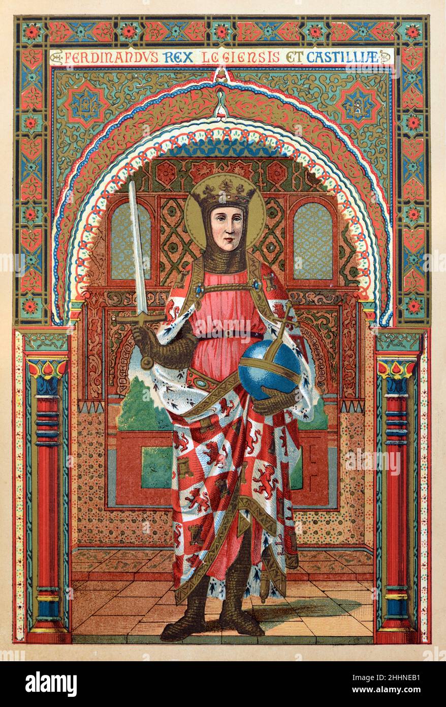 Ferdinand III of Castille (1199/1201-1252), King of Castille, Leon & Galicia Spain.Chromolithograph from 1887 Edition of Butler's Lives of the Saints. Stock Photo