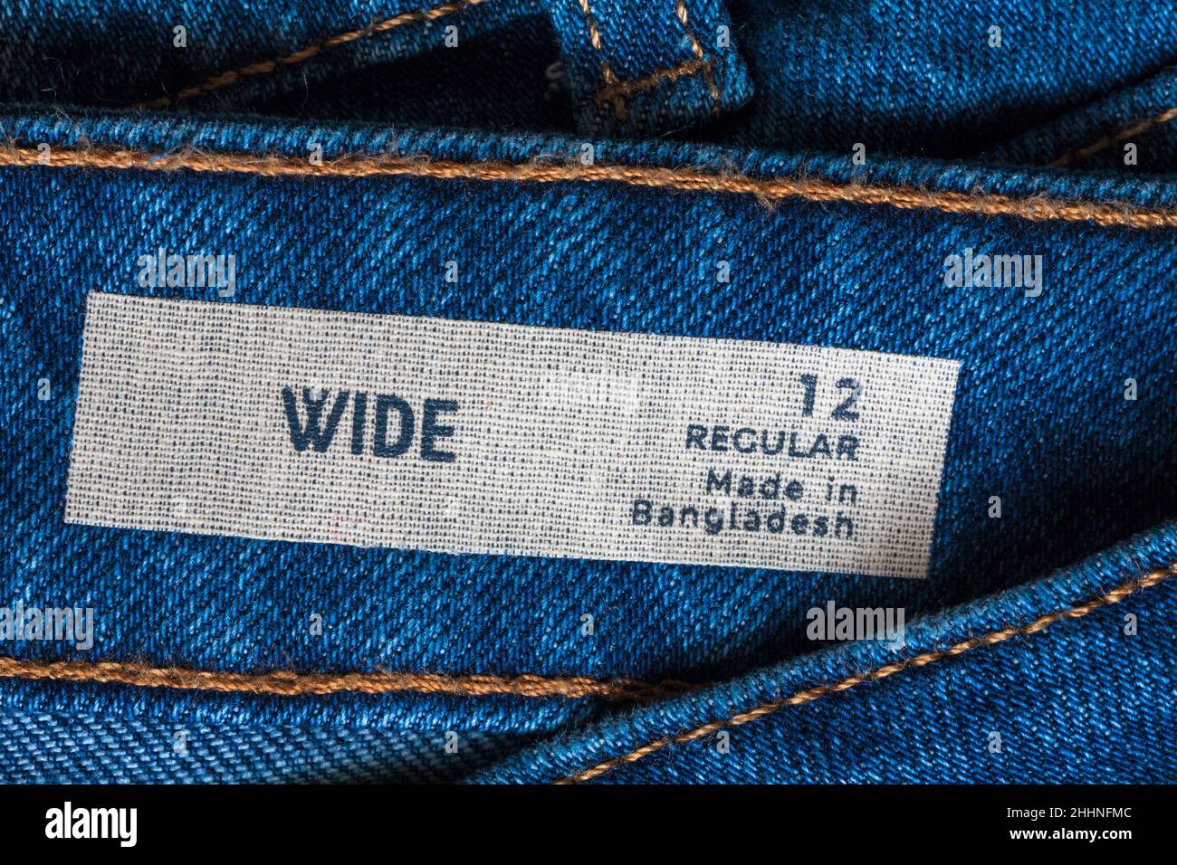 Wide Made in Bangladesh label in regular size 12 M&S denim jeans - sold in  the UK United Kingdom, Great Britain Stock Photo - Alamy