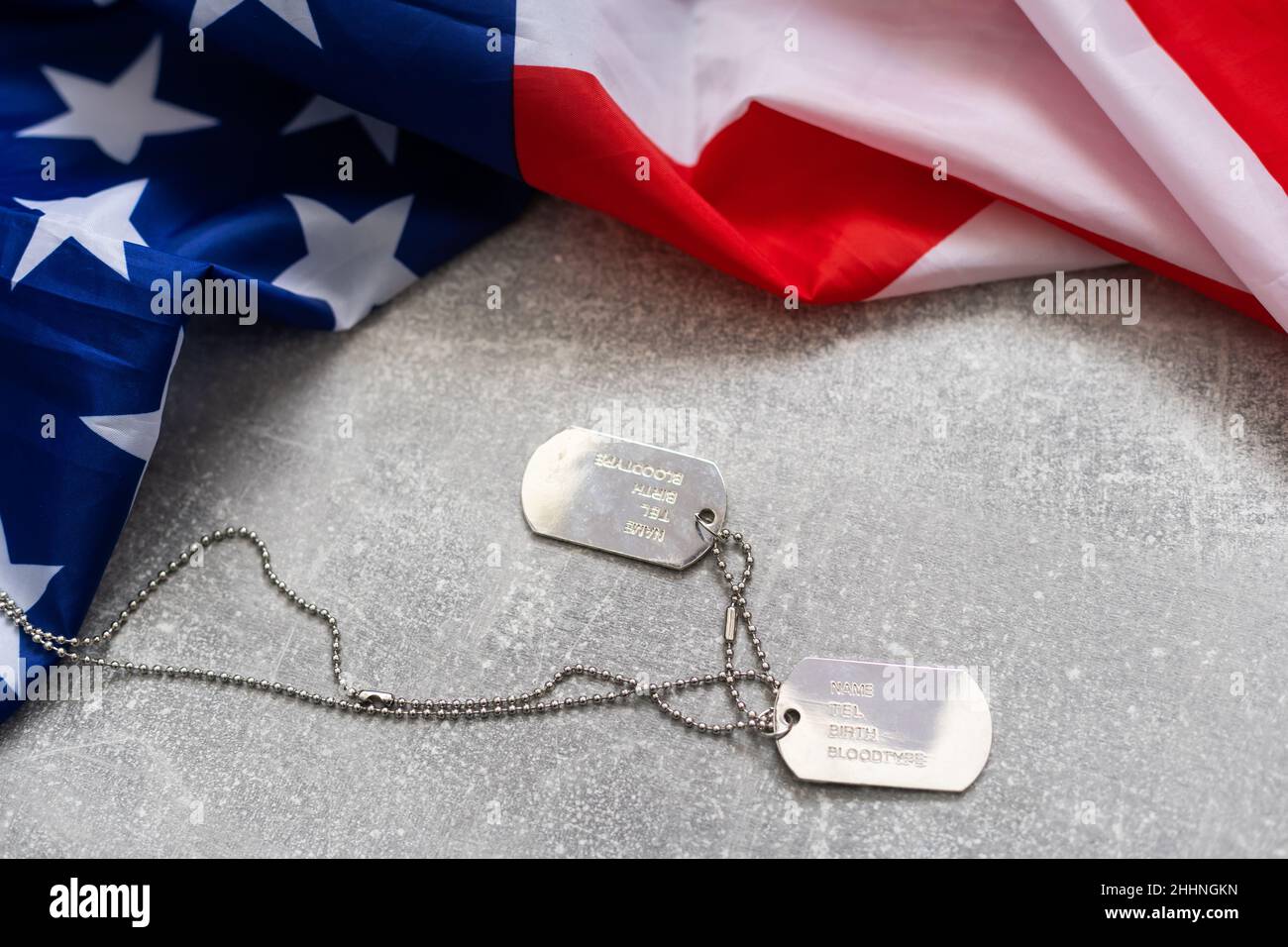 America United States flag and chain dog tags, military symbolizing ...