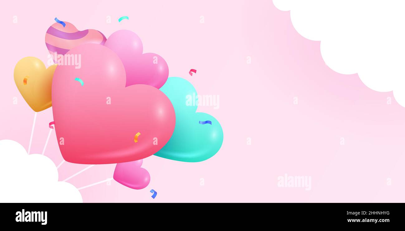 Happy Valentine's Day Background with Flying Hearts Balloons. Vector ...
