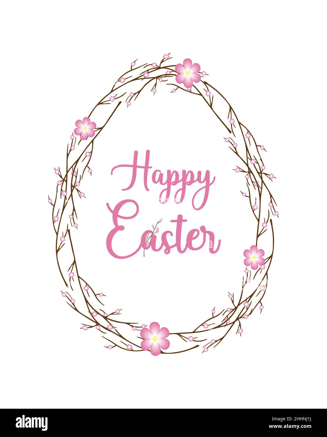 Happy Easter egg from twigs with flowers and an inscription, brush ...
