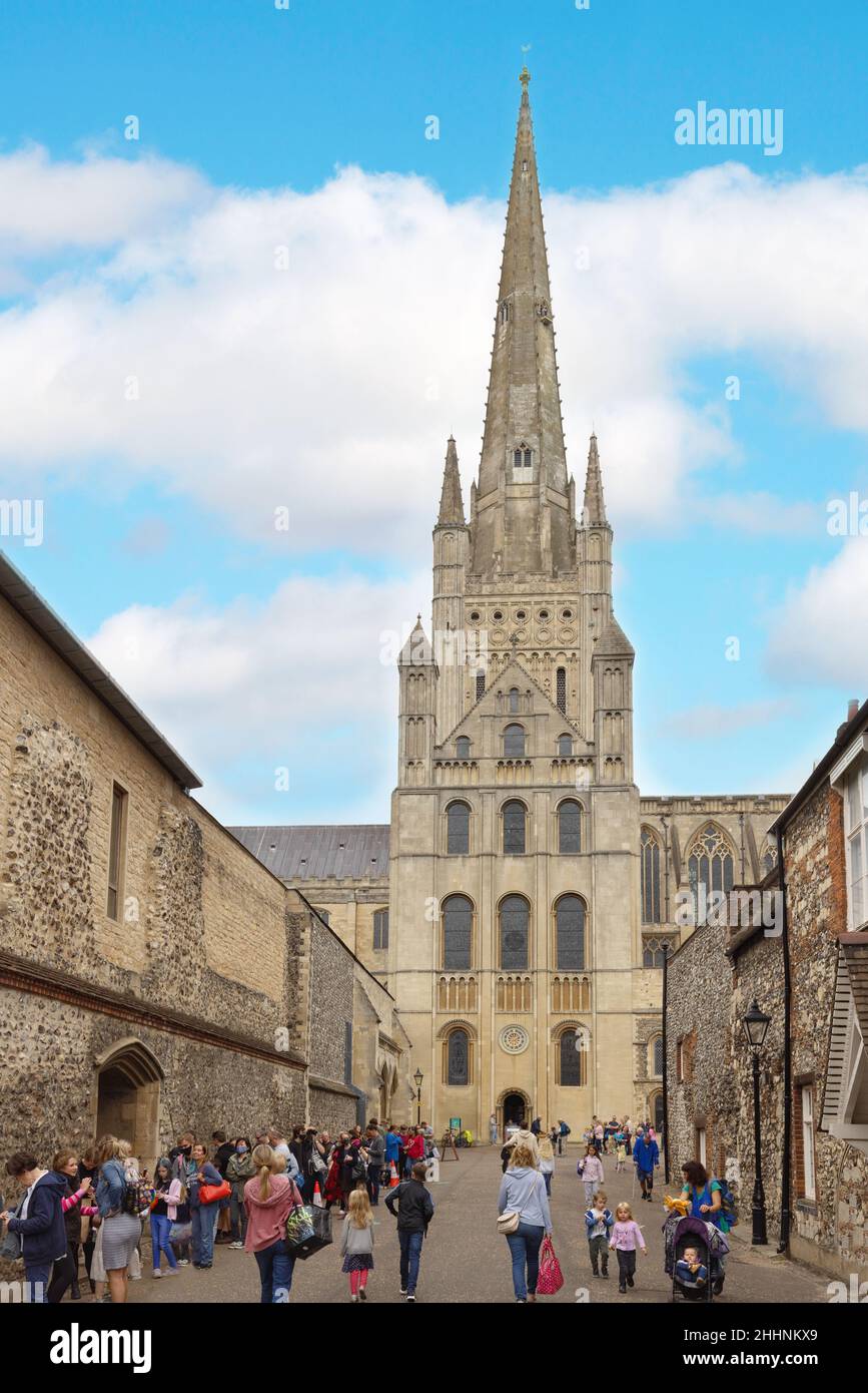 Norwich Cathedral spire and exterior, 11th century british cathedral, Norwich, Norfolk UK Stock Photo