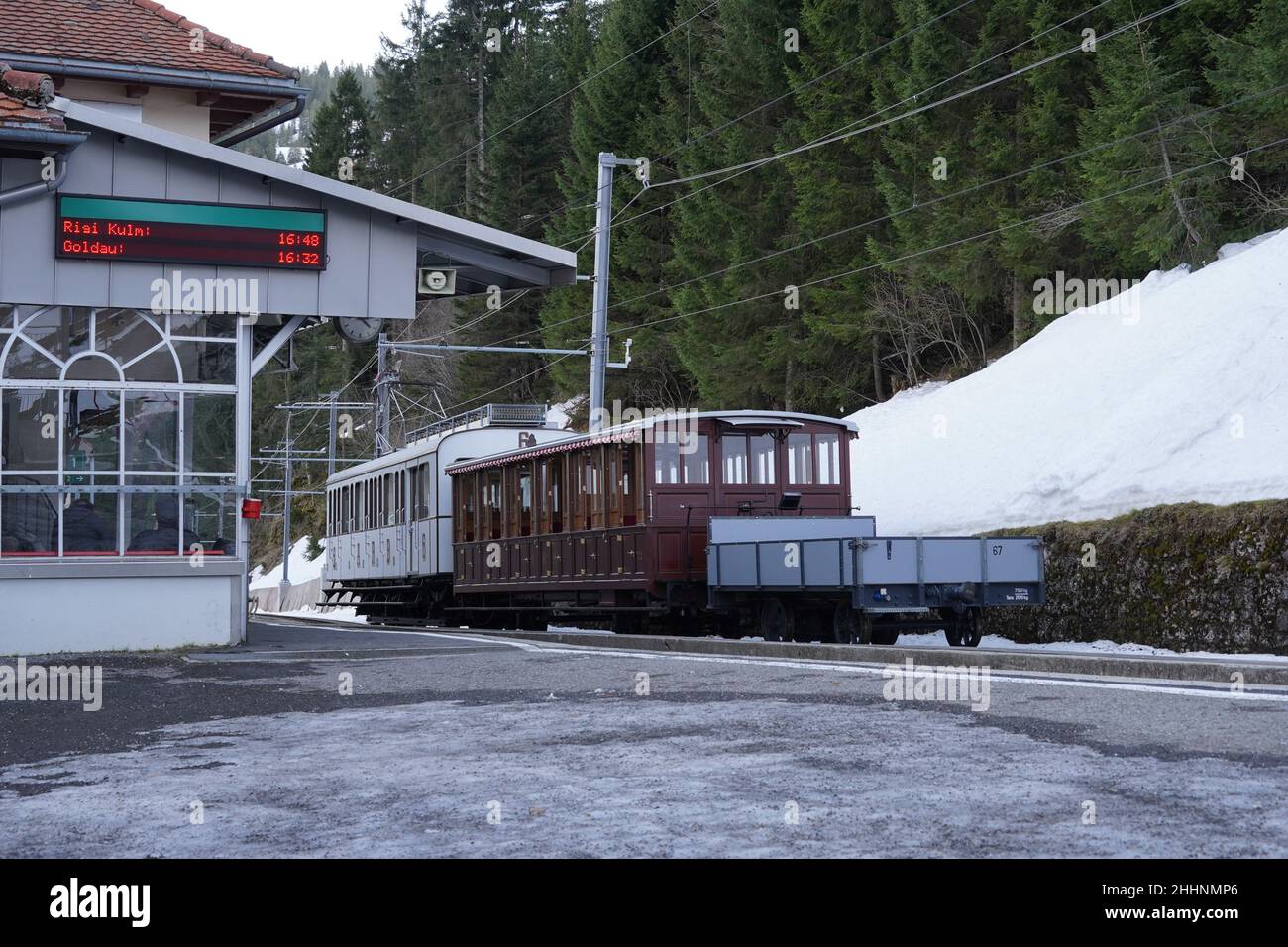 Railway station for cogwheel train in Rigi Kaltbad surrounded by forest. Stock Photo
