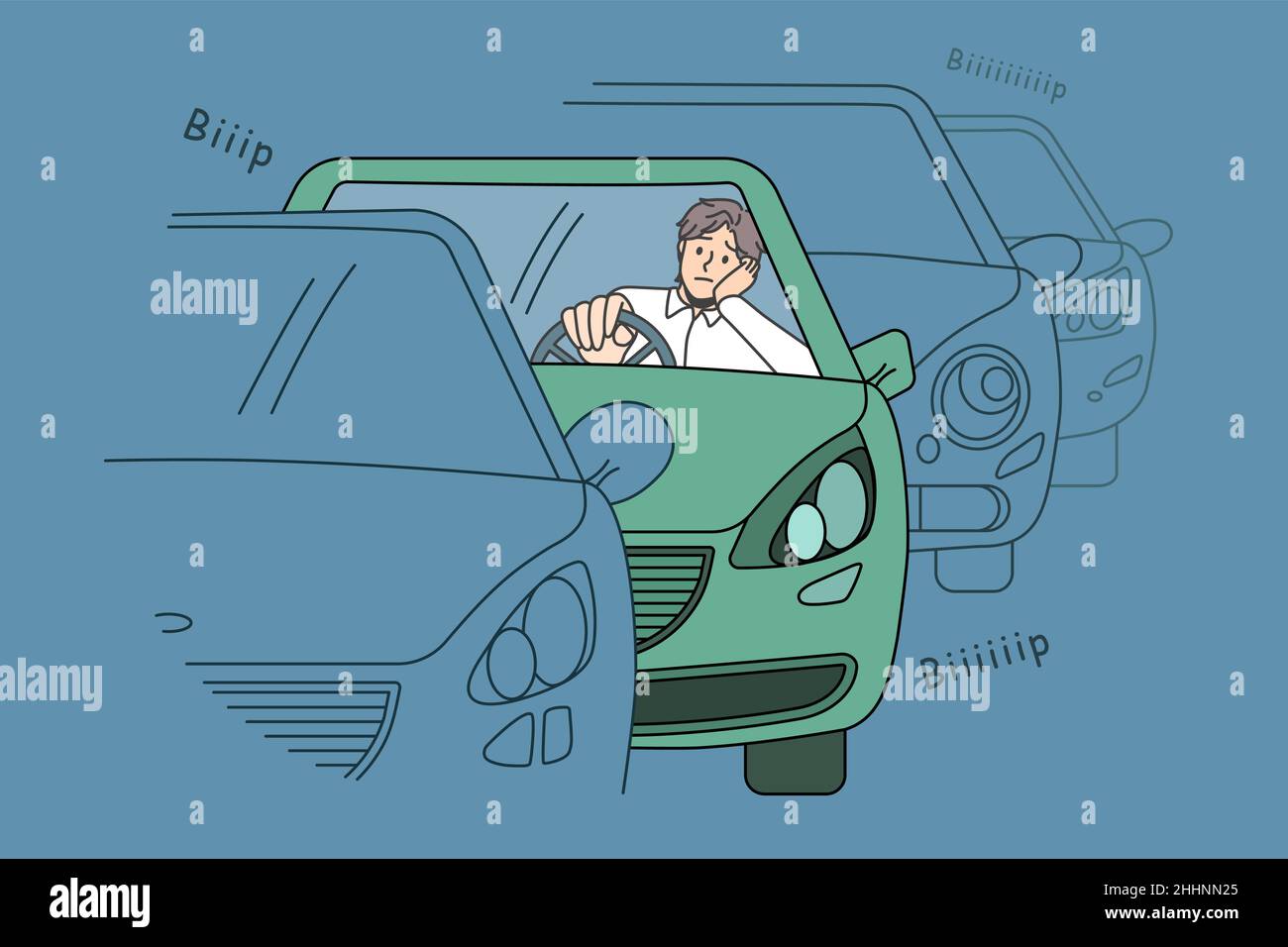 Traffic jam and road situation concept. Confused sad young man driver sitting in car in traffic jam waiting for movement feeling tired to stay in one place vector illustration  Stock Vector