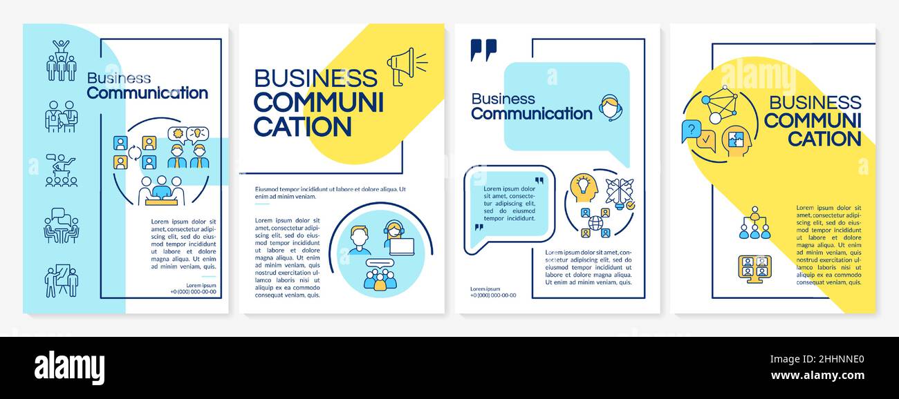 Business communication skills blue and yellow brochure template Stock Vector