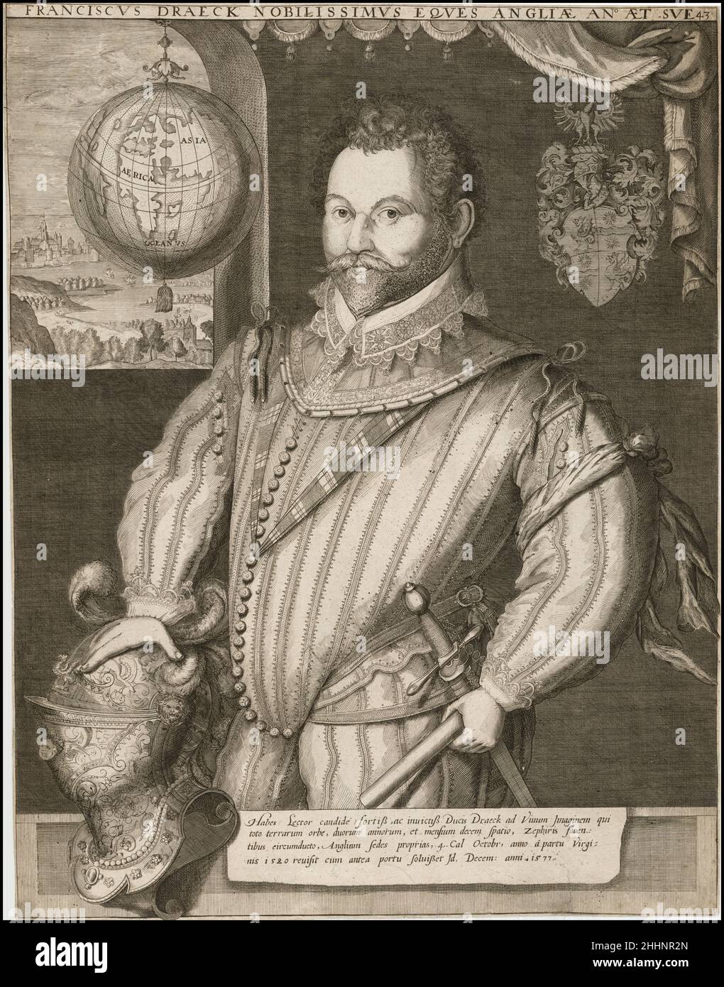Sir Francis Drake (c.  1540 – 28 January 1596) was an English explorer, sea captain, privateer, slave trader, naval officer, and politician. Drake is best known for his circumnavigation of the world in a single expedition, from 1577 to 1580. This included his incursion into the Pacific Ocean, until then an area of exclusive Spanish interest, and his claim to New Albion for England, an area in what is now the U.S. state of California. His expedition inaugurated an era of conflict with the Spanish on the western coast of the Americas, an area that had previously been largely unexplored by Wester Stock Photo