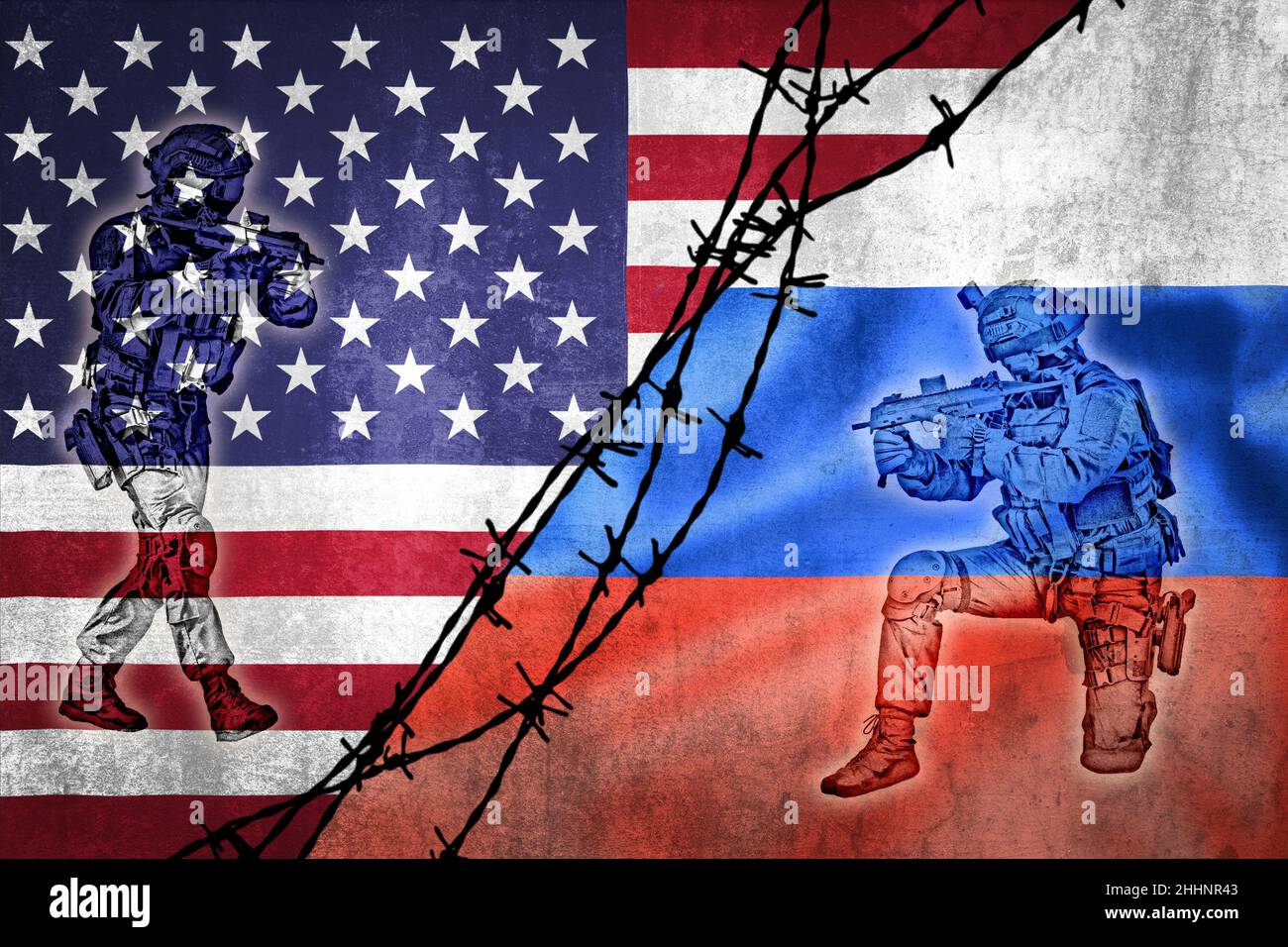 Grunge flags of Russian Federation and USA divided by barb wire with soliders pointing weapon at each other illustration, concept of tense relations b Stock Photo