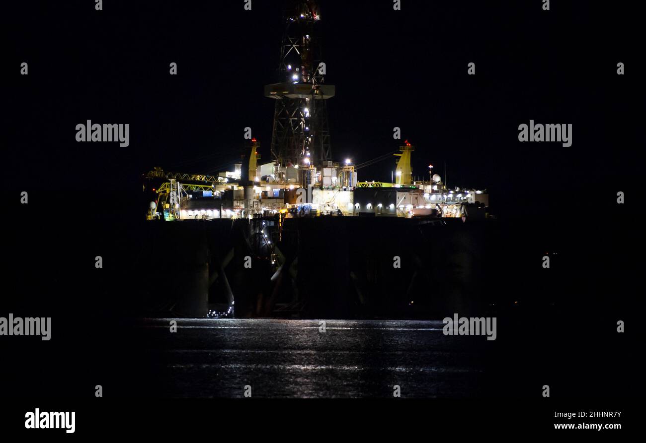 Drilling rig at night. Oil rig.  Gas platform Stock Photo