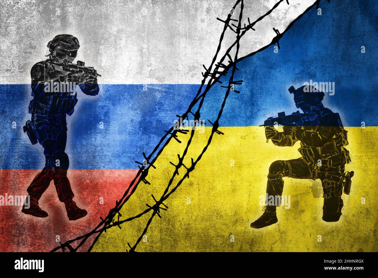 Grunge flags of Russian Federation and Ukraine divided by barb wire with soliders pointing weapon at each other illustration, concept of tense relatio Stock Photo