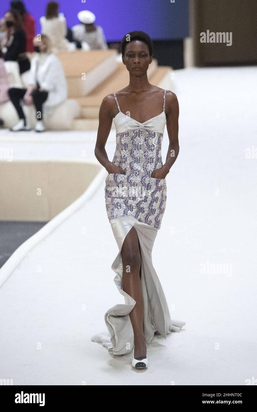 Paris, France. 6th July 2021. A model walks the runway during the Chanel  Haute Couture fashion show as part of the Paris Fashion Week Fall/Winter  2021-2022 on July 6, 2020 in Paris