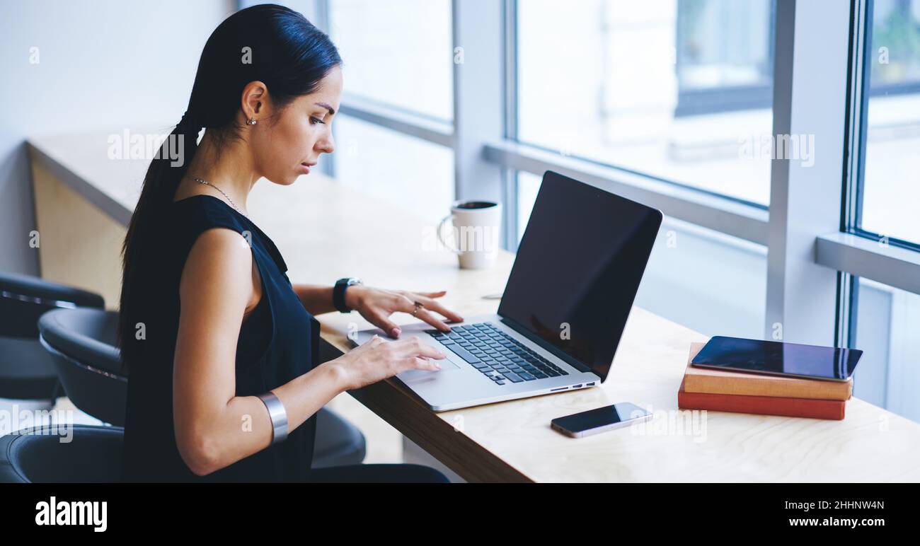 Serious female entrepreneur working on netbook in workspace Stock Photo