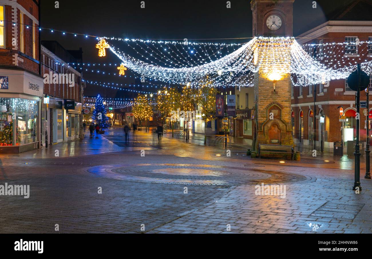 Moor Street Christmas Lights and the Town Clock Ormskirk, West Lancashire, December 2021. Stock Photo