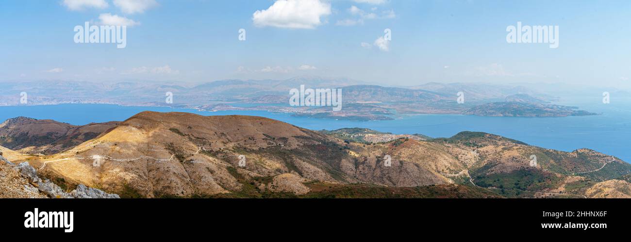 The city of Saranda in Albania view from the Pantokrator mount of Corfu Kerkyra, Greece, Ionian Islands, Europe Stock Photo