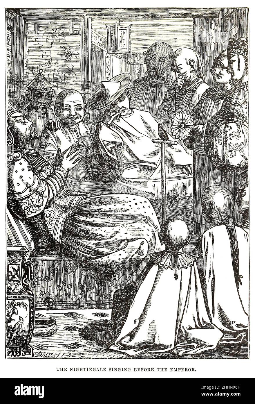 The Nightingale singing before the Emperor from Andersen's Stories for the household, by Hans Christian Andersen, Translated by Henry William Dulcken,  Illustrated by Alfred Walter Bayes, engraved by Edward and George Dalziel Published by G. Routledge and sons in London and New York in 1880 Stock Photo