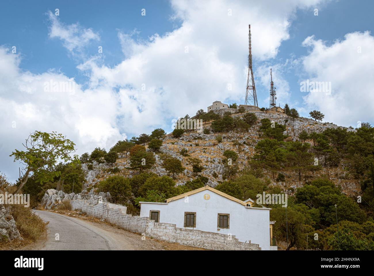 Mount Pantokrator in Corfu with radio antenna Kerkyra, Greece, Ionian Islands, Europe Stock Photo