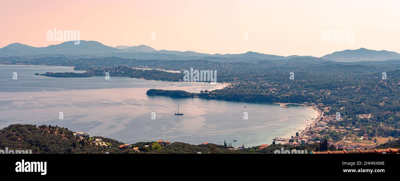 Sunset over Barbati and Ypsos Bay in Corfu Kerkyra, Greece, Ionian Islands, Europe Stock Photo