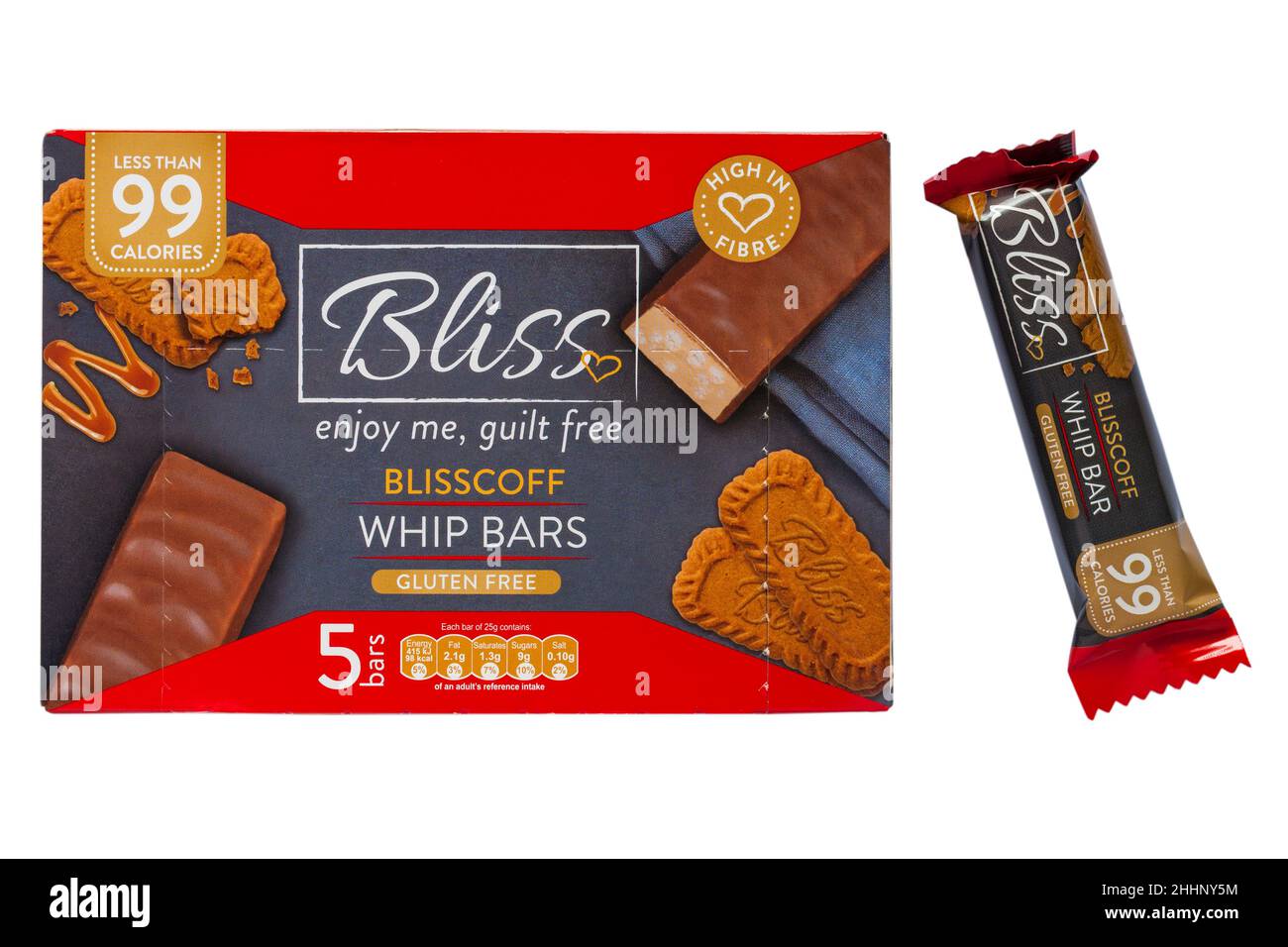 box of Bliss Blisscoff Whip Bars gluten free enjoy me guilt free less than 99 calories with one removed isolated on white background Stock Photo