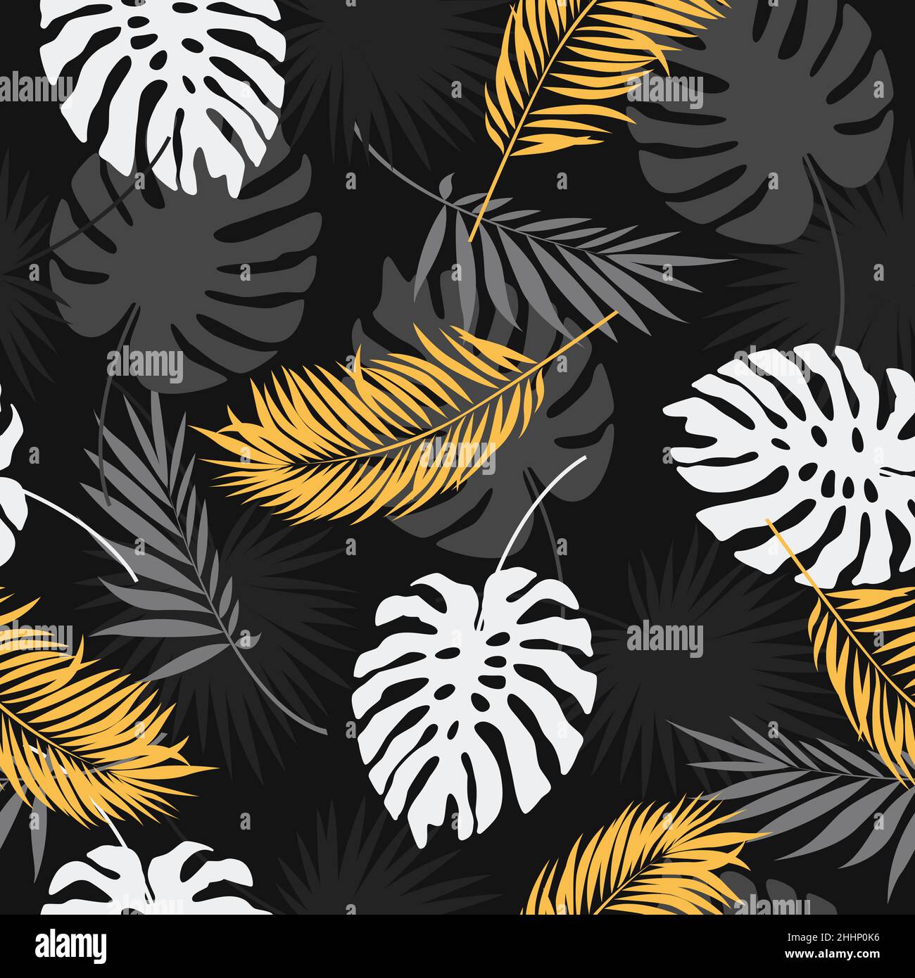 Vector seamless pattern with gold and black tropical leaves on a dark ...