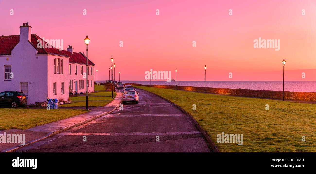 Sunrise at dawn in the coastal village of Dysart in the county of Fife, Scotland, UK Stock Photo