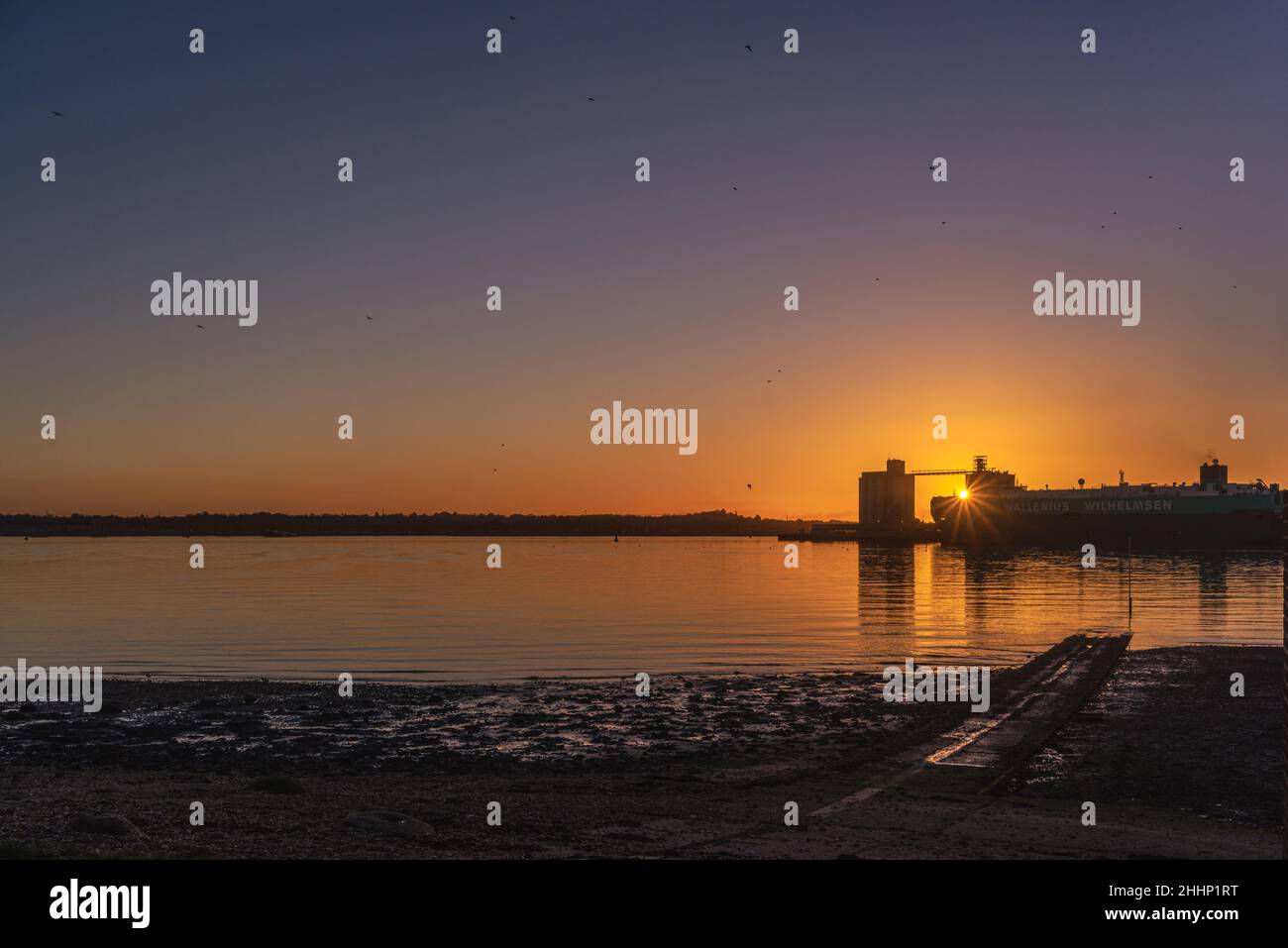 Sunset over Southampton Grain Terminal in the Eastern Docks, Southampton Water, Southampton, Hampshire, England, UK Stock Photo