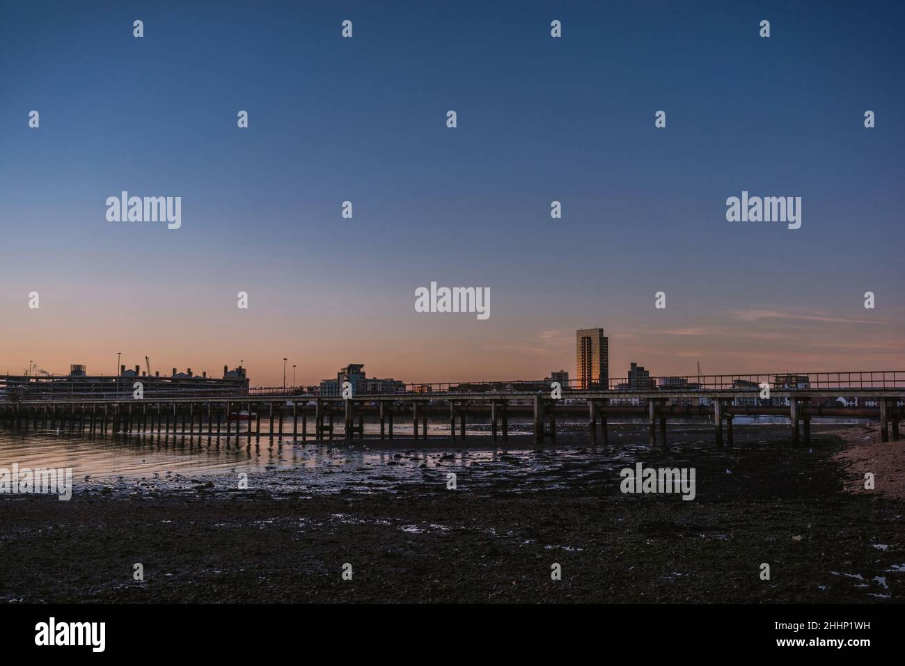 View from Weston towards Ocean Village Marina during sunset, Southampton cityscape, Hampshire, England, UK Stock Photo