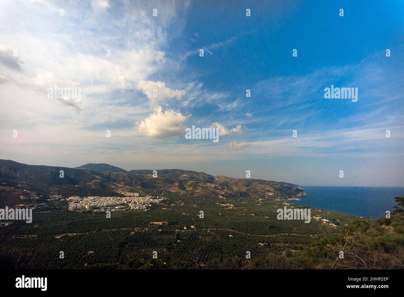 Mattinata, Puglia, Italy: panoramic image of the city surrounded by olive trees with adriatic sea on the right Stock Photo