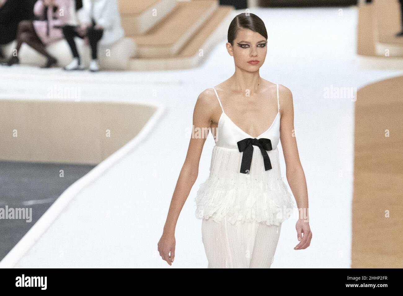 A model walks the runway during the Chanel Haute Couture Spring/Summer 2022  show as part of Paris Fashion Week at Le Grand Palais Ephemere on January  25, 2022 in Paris, France. Photo