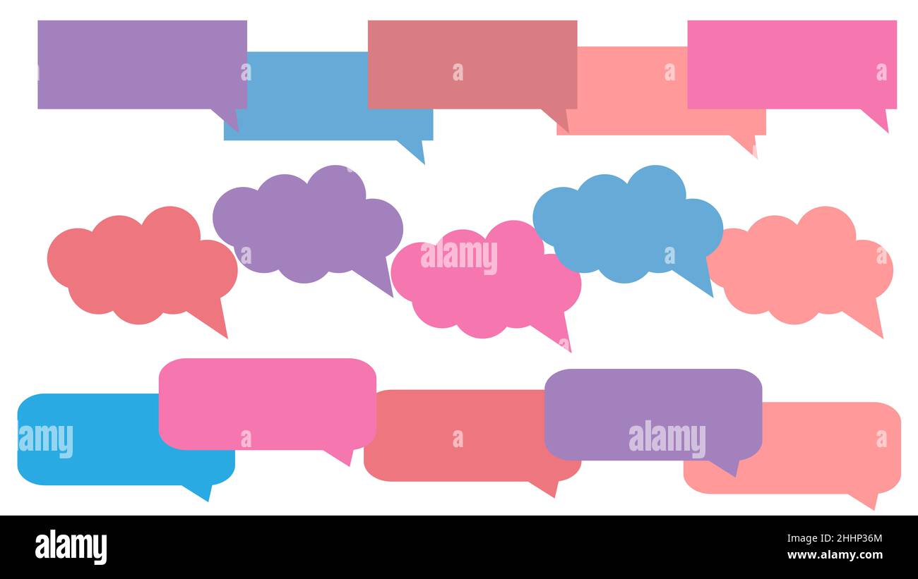 set of blank colorful square, round, and cloud speech bubbles