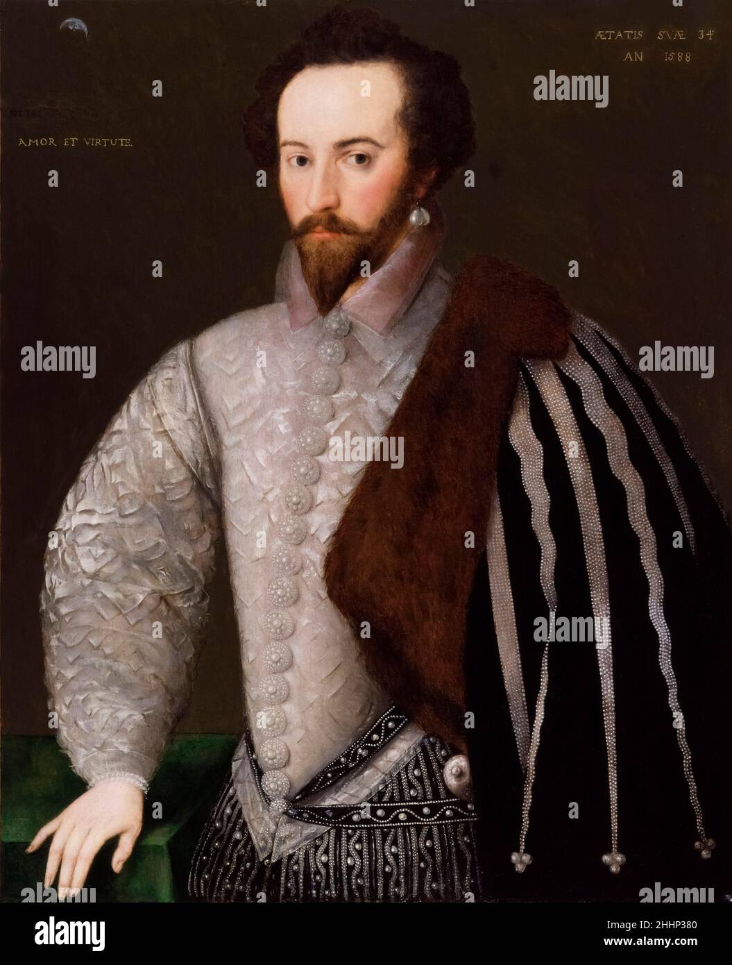 Sir Walter Ralegh (c. 1552 – 29 October 1618), also spelled Raleigh, was an English statesman, soldier, writer and explorer. One of the most notable figures of the Elizabethan era, he played a leading part in English colonisation of North America, suppressed rebellion in Ireland, helped defend England during the Spanish Armada and held political positions under Elizabeth I. Stock Photo