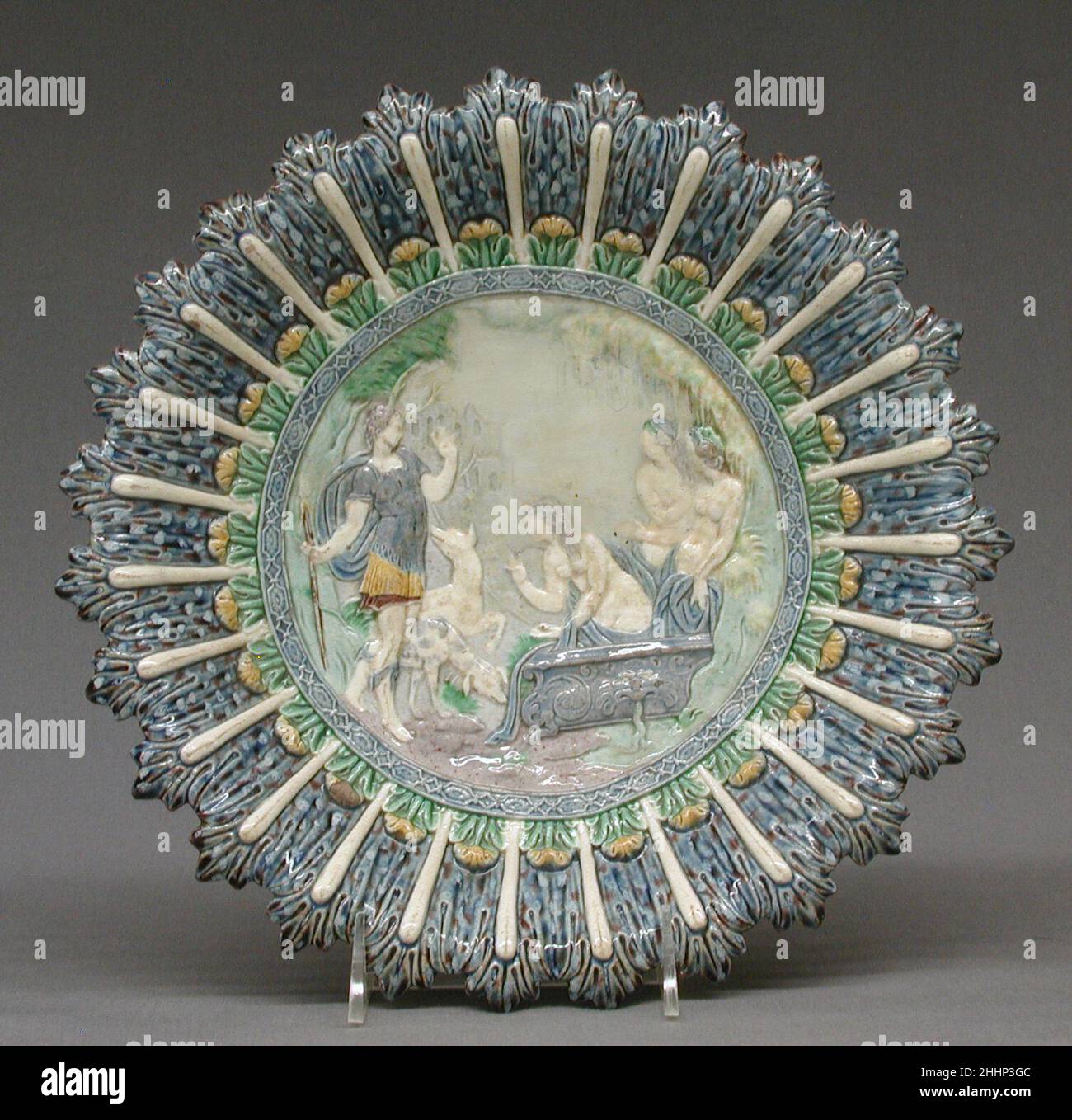Dish with Acteon changed into a stag by Diana 17th century Manner of Bernard Palissy French. Dish with Acteon changed into a stag by Diana. French, possibly Normandy. 17th century. Lead-glazed earthenware. Ceramics-Pottery Stock Photo