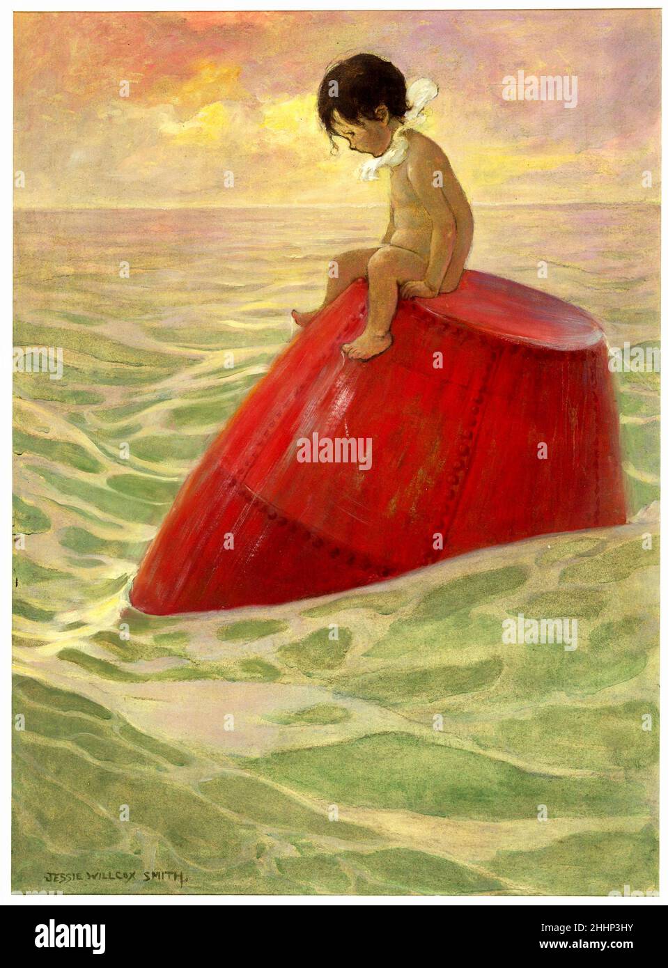 Jessie Willcox Smith illustrations for the children's book The Water Babies by Charles Kingsley - Tom sat on the buoy for long days - 1916 Stock Photo
