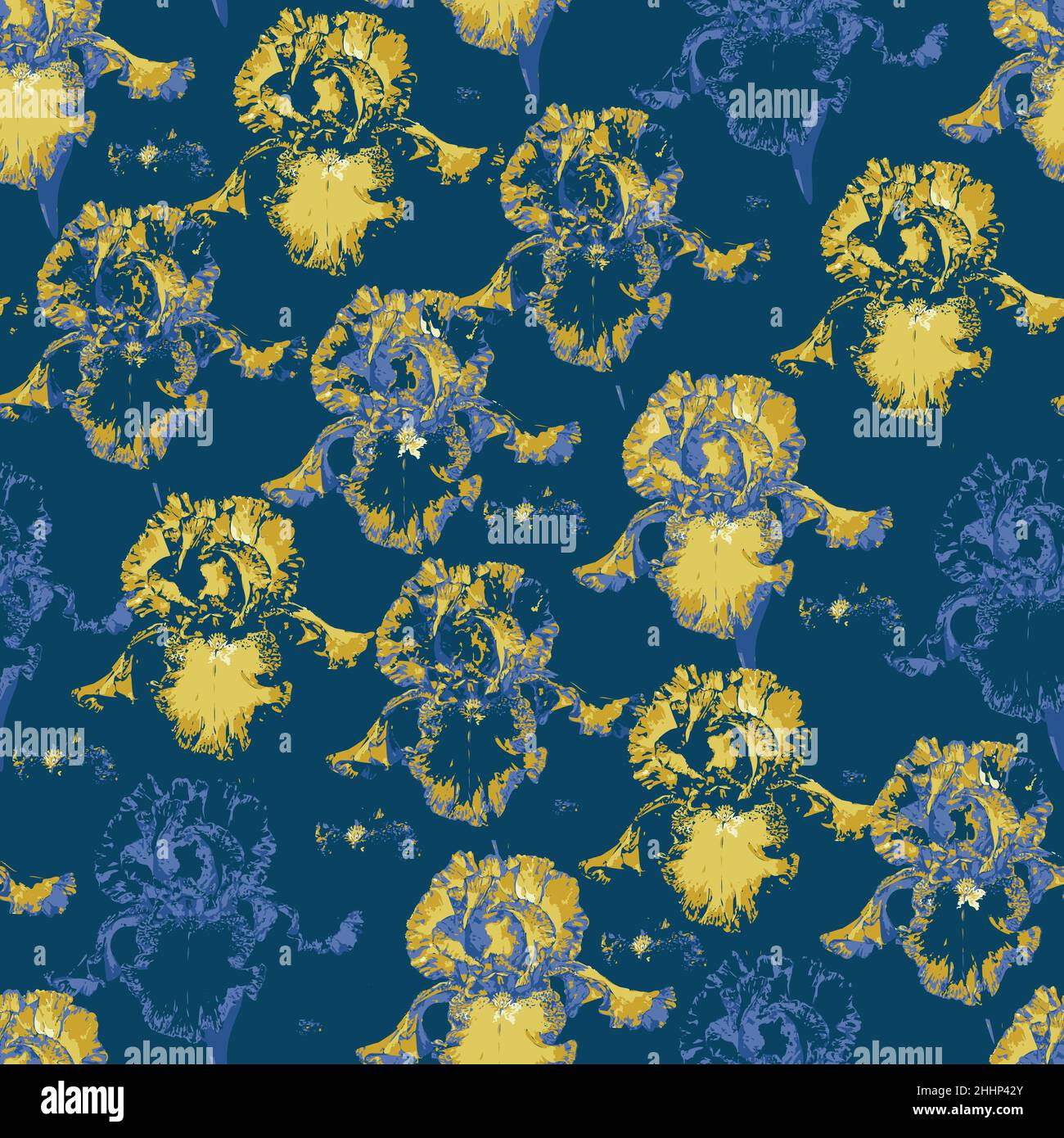 Vector seamless pattern with irises. Beautiful design with hand drawn flowers. Stock Vector