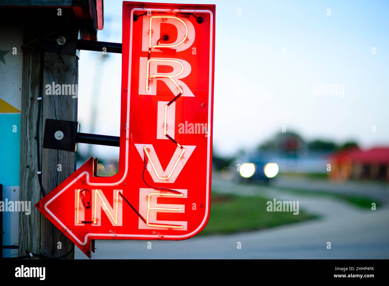 Neon Sign for Harvest Moon Drive-In Theater in Illinois Stock Photo