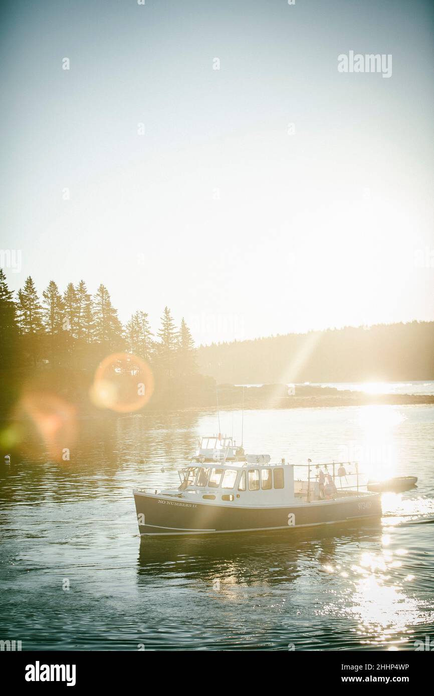 Lobster boat driving in Owl's Head, Maine Stock Photo