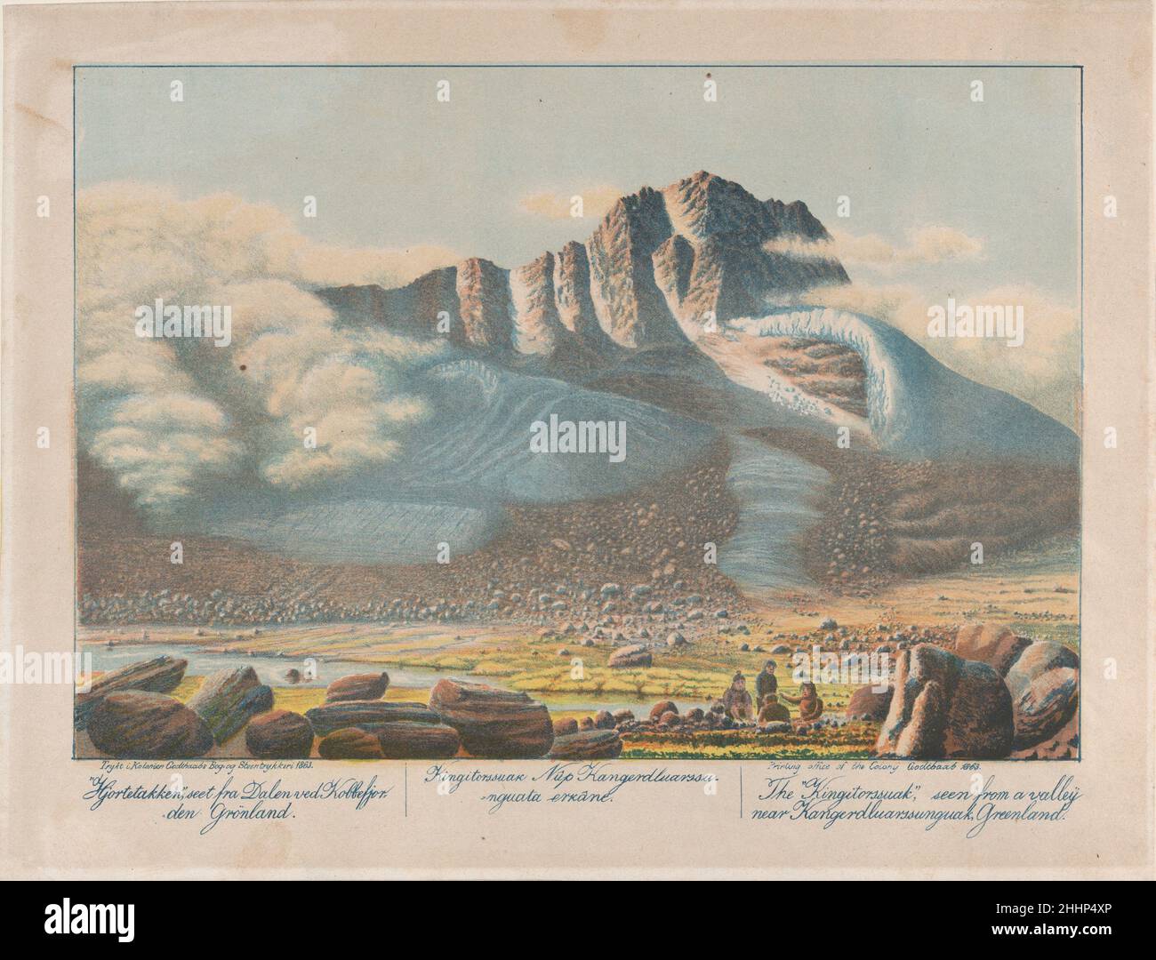 The 'Kingitorssuak' seen from a valley near Kangerdluarssunguak, Greenland 1863 Lars Møller This lithograph, along with 60.704.2 and 60.704.3, were executed by Lars Moeller, the native Greenlander in charge of the press, after watercolors by Hinrich Rink. It is probable that the prints were designed for export as well as home sale due to the legends in English, Danish, and Greenlandic. They were made in a small number on the lithographic press Rink brought to Greenland in 1857, and these prints are probably the best examples of the early work.. The 'Kingitorssuak' seen from a valley near Kange Stock Photo