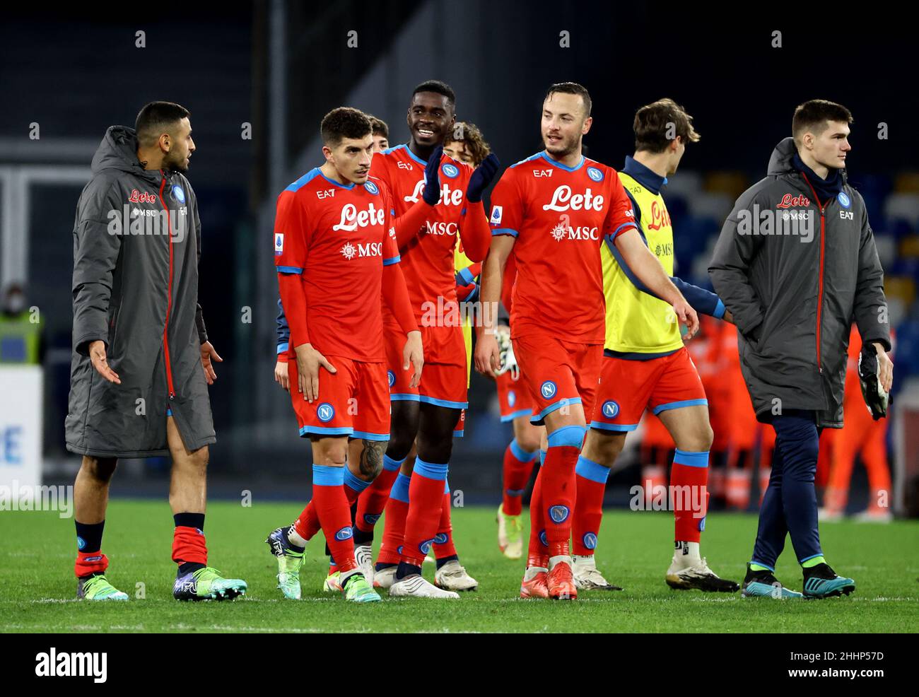 NAPLES, ITALY - JANUARY 09: Axel Tuanzebe of SSc Napoli celebrates for the victory with his team mates Faouzi Ghoulam ,Giovanni Di Lorenzo and Amir Rrahmani during the Serie A match between SSC Napoli v UC Sampdoria at Stadio Diego Armando Maradona on January 09 2022 in Naples, Italy (Photo by MB Media) Stock Photo