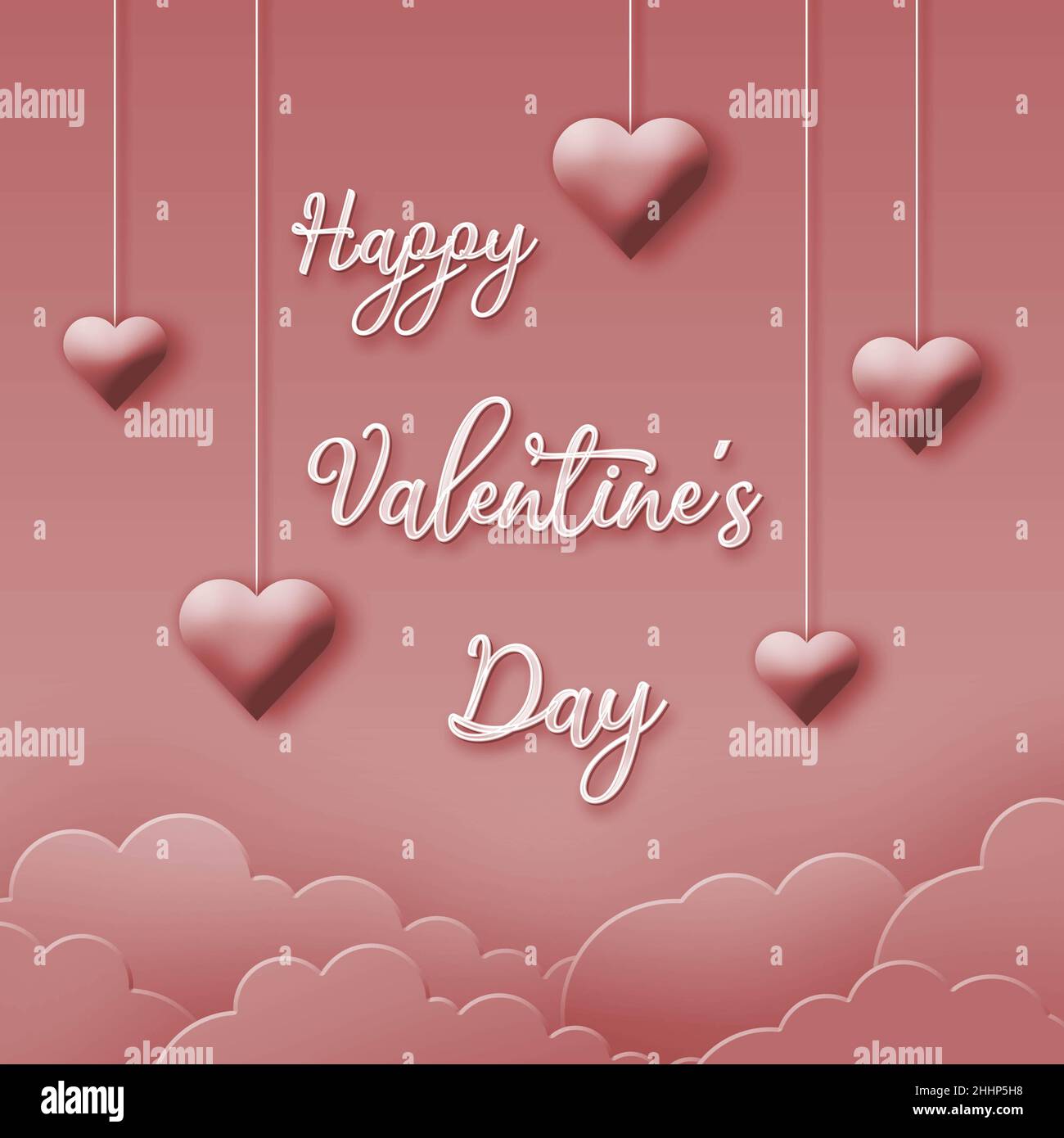 Happy Valentine's Day greeting background - lettering, clouds and hearts hanging on twine in rosa colour - 3D Illustration Stock Photo