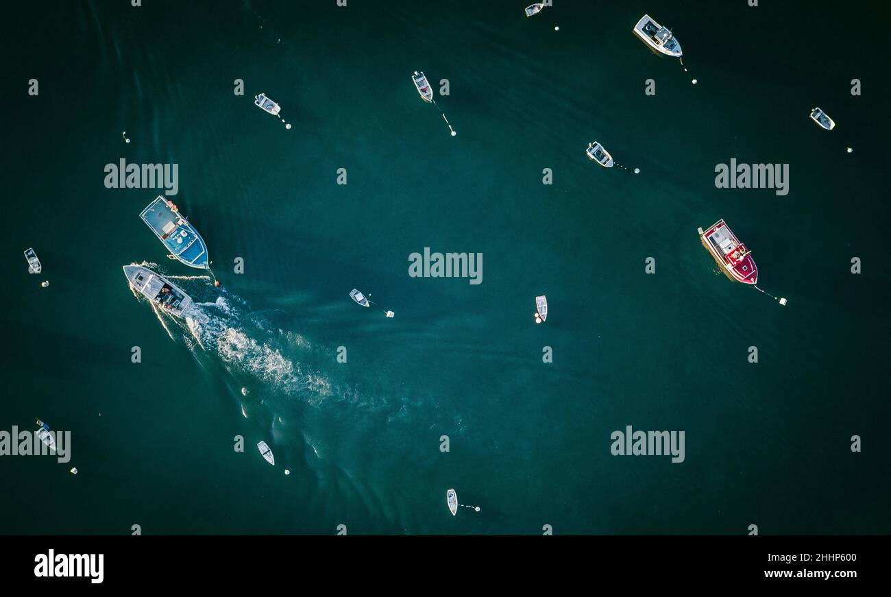 Aerial view of fishing boats in the sea, in Owl's Head, Maine Stock