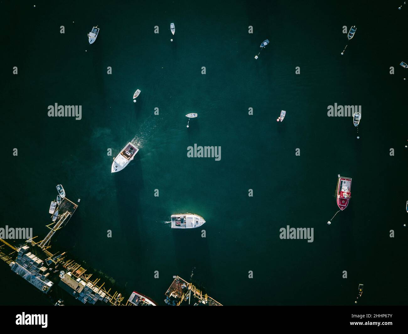 Aerial view of fishing boats in the sea, in Owl's Head, Maine Stock